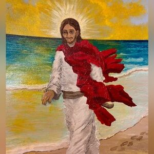 Beach Walk Painting with Red and White Accents